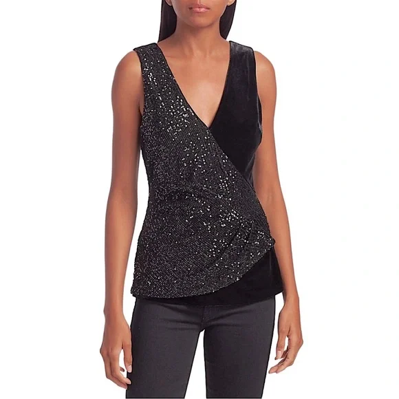 Bailey 44 Eva Sequin Velvet Surplice Wrap Tank Top Large Black Sparkly Sexy - Picture 2 of 16